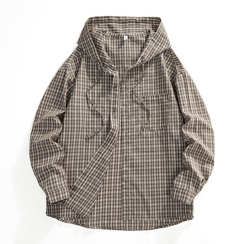Men's Oversized Checkered Shirt with Hood, Drawstring & Concealed Button Placket Mune Fashion
