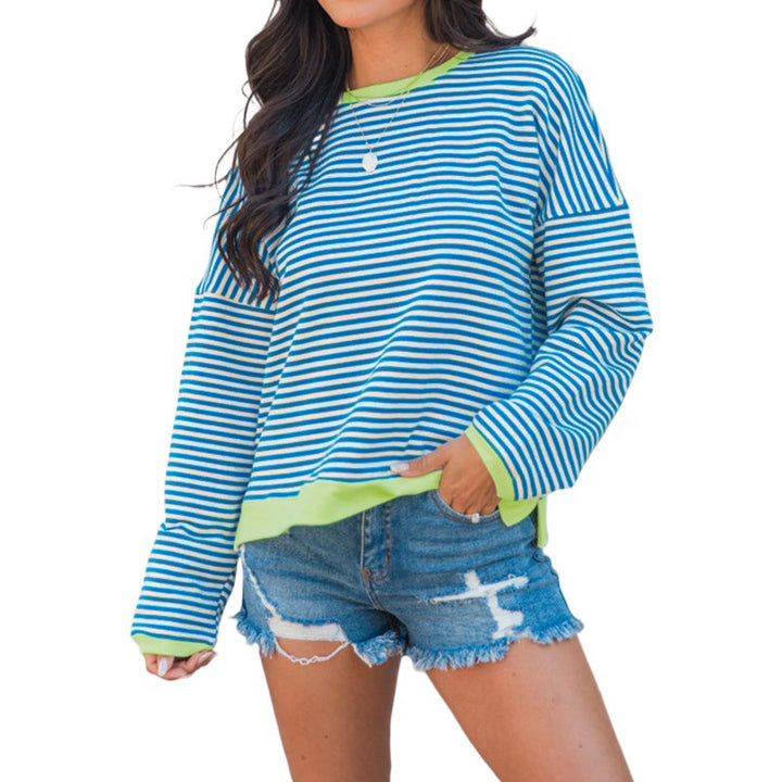 Women's Casual Striped Long Sleeve Shirt with Contrast Colored Hem & Loose Fit Mune Fashion