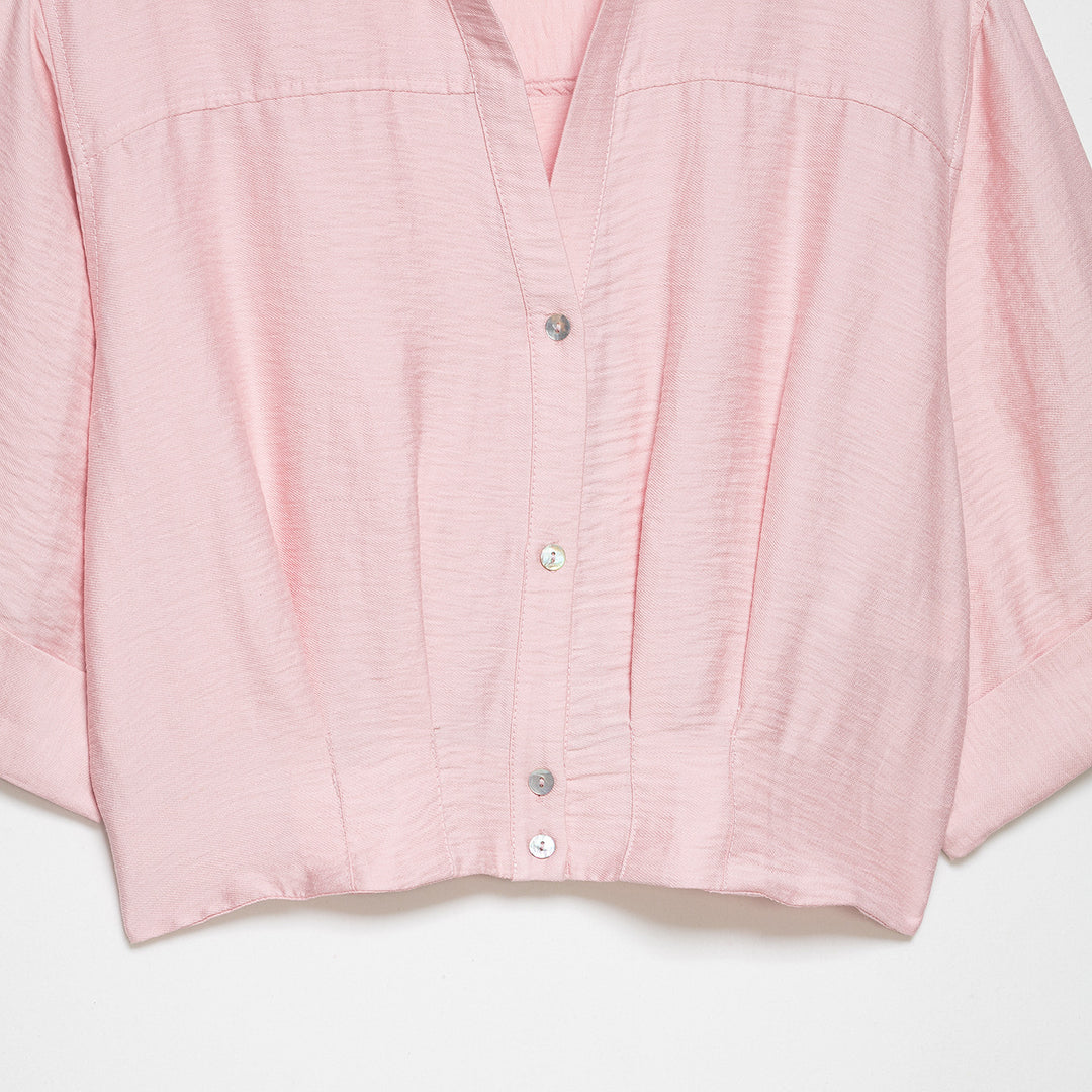 Women's Oversize Lightweight Shirt Blouse with Buttoned Sleeves and V-Neck Mune Fashion