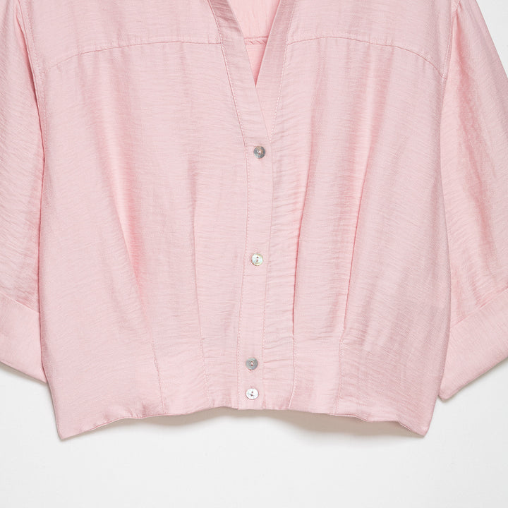 Women's Oversize Lightweight Shirt Blouse with Buttoned Sleeves and V-Neck Mune Fashion