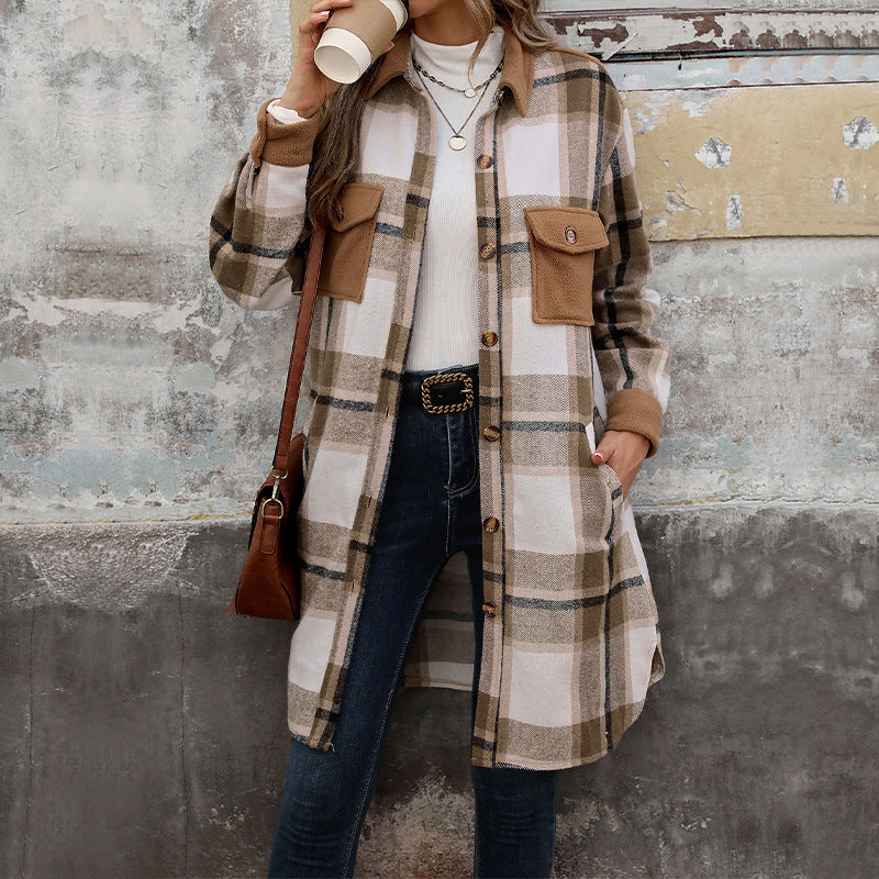 Women's long overshirt jacket in checkered flannel look with patch pockets Mune Fashion