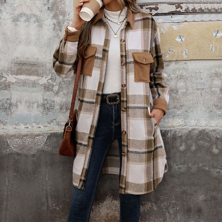 Women's long overshirt jacket in checkered flannel look with patch pockets Mune Fashion