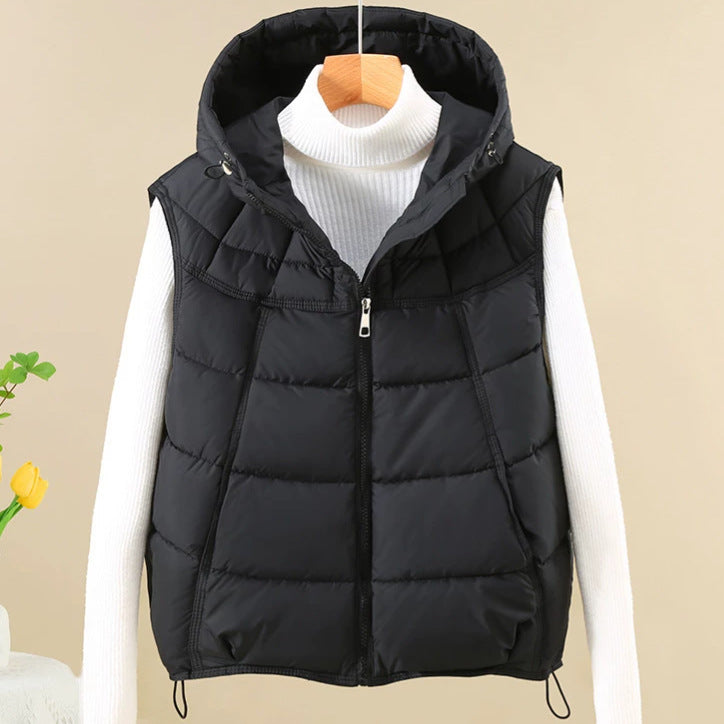 Women Slim Windproof Hooded Padded Vest with Adjustable Hem Mune Fashion