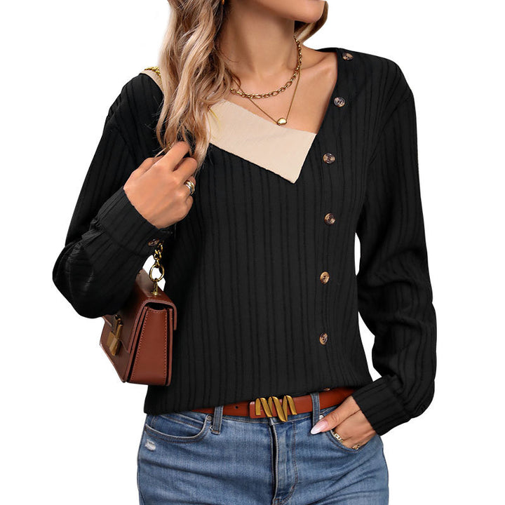 Women's ribbed top with asymmetrical button placket and contrasting V-insert Mune Fashion