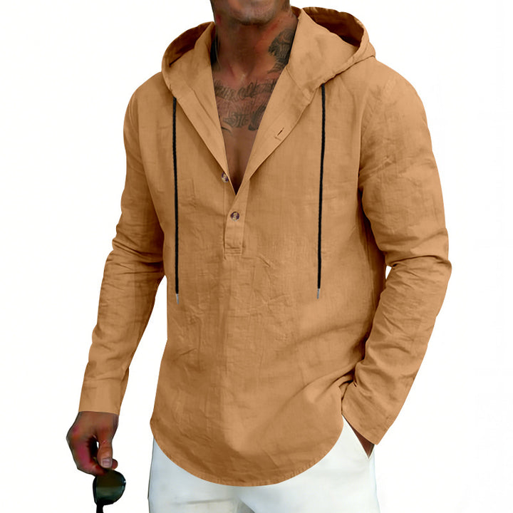 Men's Linen Henley Hooded Shirt with Short Button Placket, Hood, and Relaxed Fit Mune Fashion