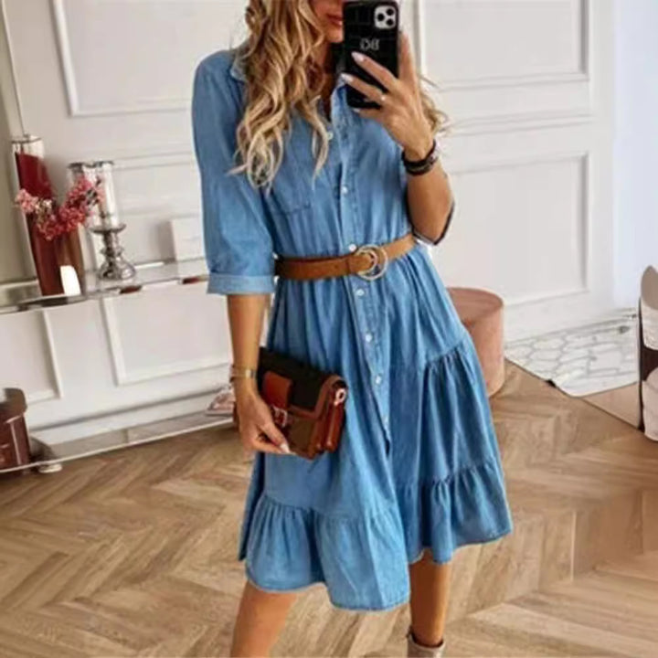 Women's layered shirt dress with waist accentuation, continuous button placket and breast pocket Mune Fashion