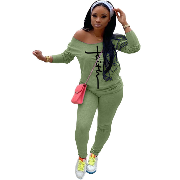 Women’s Casual Off-Shoulder Two-Piece Set with Figure-Hugging Leggings and Oversize Shirt