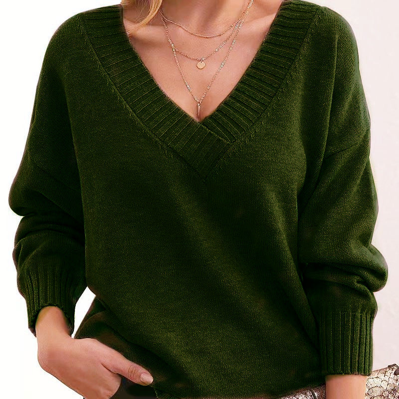 Women's Oversized V-Neck Knit Sweater with Ribbed Cuffs Mune Fashion