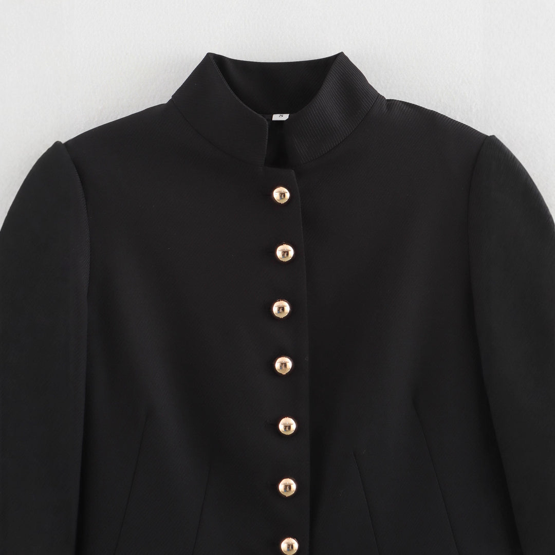 Women Tailored Short Blazer with Stand Collar and Golden Decorative Buttons Mune Fashion