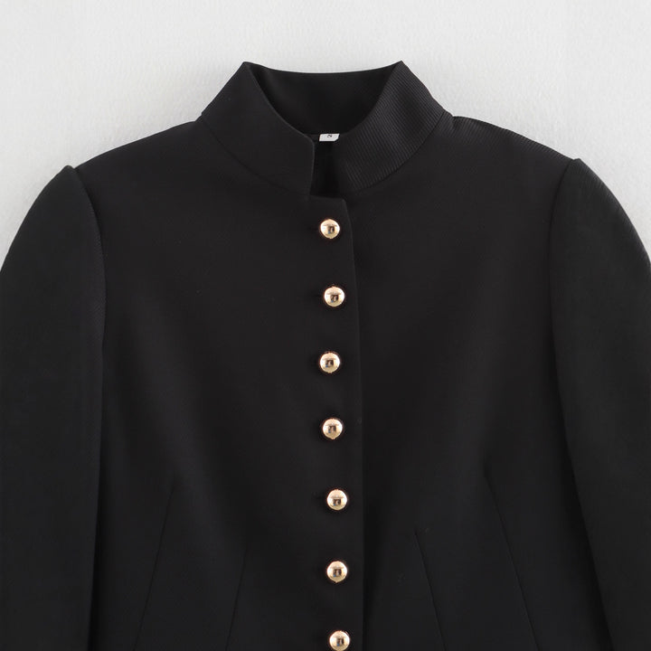 Women Tailored Short Blazer with Stand Collar and Golden Decorative Buttons Mune Fashion