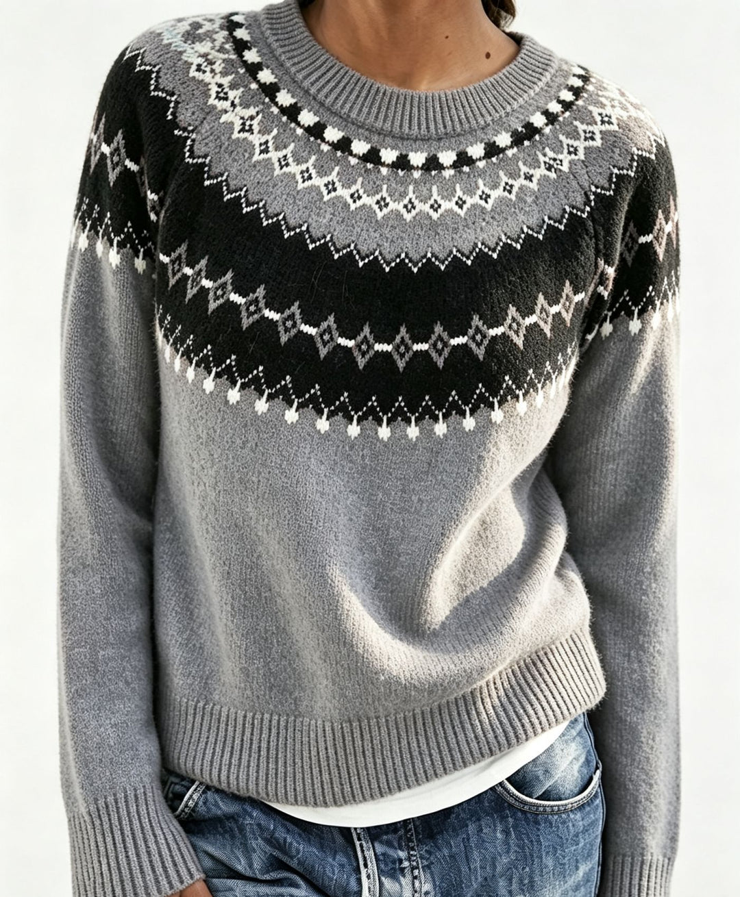 Women Round Neck Norwegian Sweater with Fair Isle Jacquard Mune Fashion