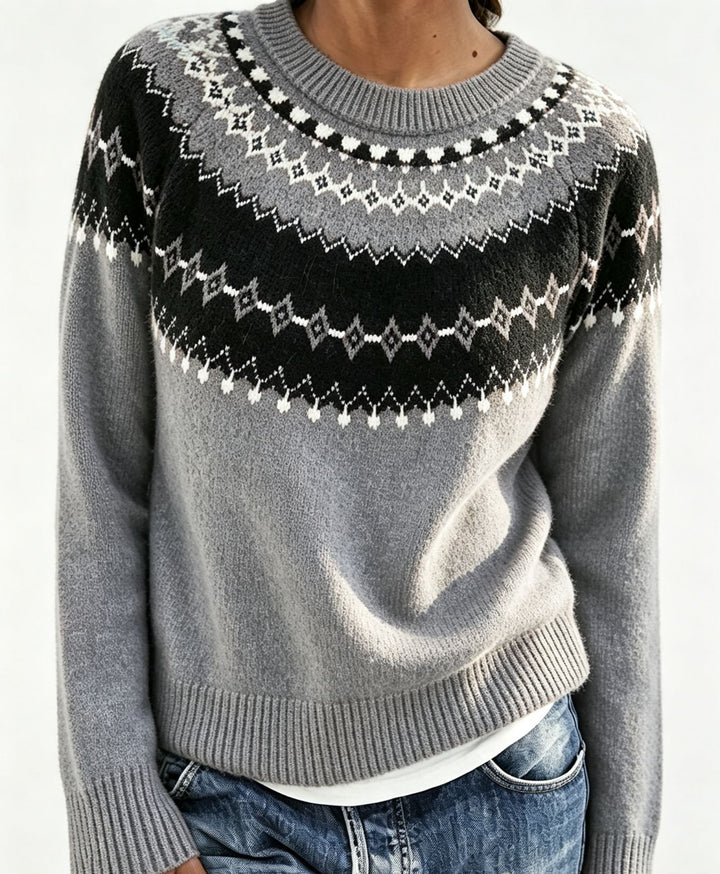 Women Round Neck Norwegian Sweater with Fair Isle Jacquard Mune Fashion