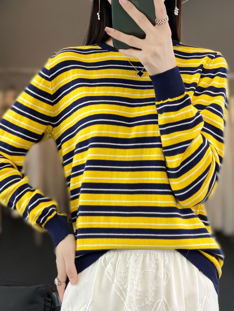 Women's Casual Stripe Fine Knit Sweater with Boxy Silhouette and Contrasting Ribbed Cuffs Mune Fashion