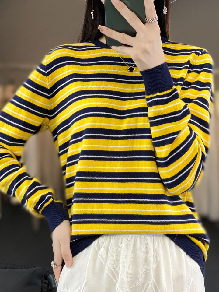 Women's Casual Stripe Fine Knit Sweater with Boxy Silhouette and Contrasting Ribbed Cuffs Mune Fashion