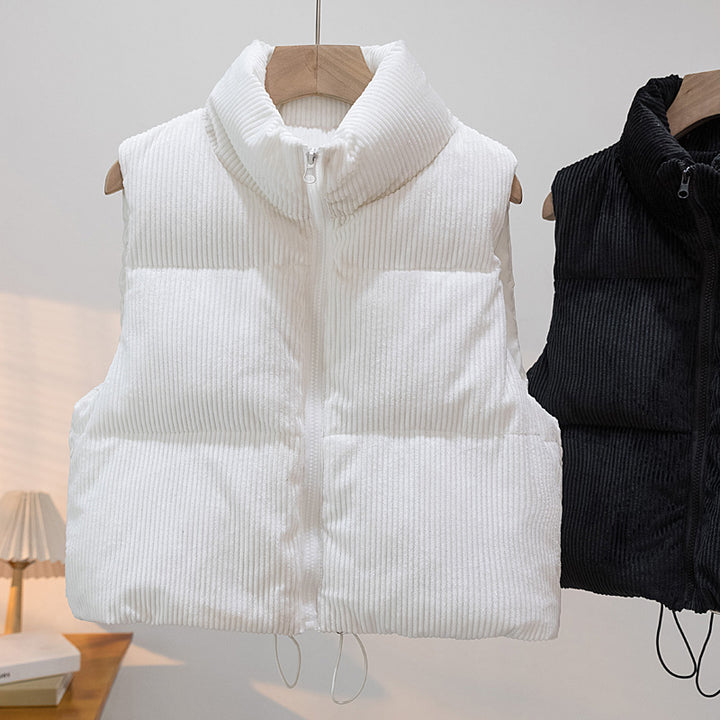 Women's padded cord quilted vest with stand-up collar and drawstring Mune Fashion