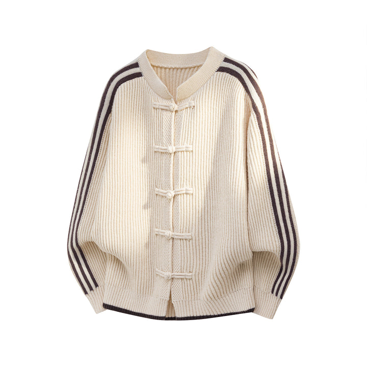 Women's Oversized Cardigan with Toggle Closures and Contrast Stripes Mune Fashion