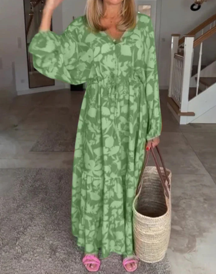 Ladies airy tiered maxi dress with V-neck tunnel waist and balloon sleeves Mune Fashion