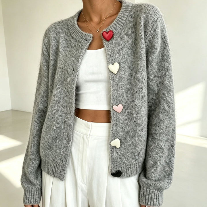 Women Fluffy Short Cardigan with Heart Button Placket and Raglan Sleeves Mune Fashion