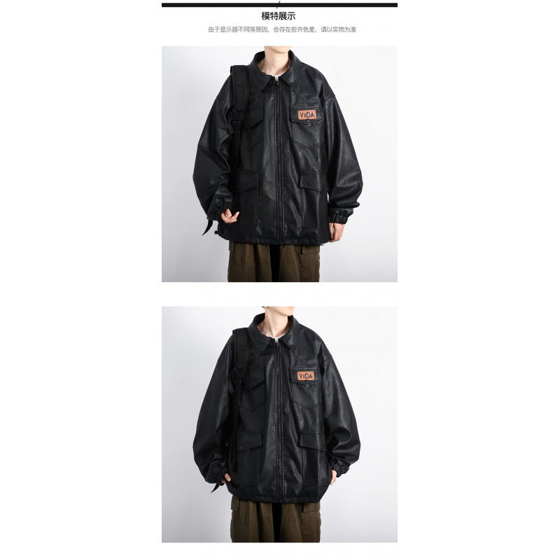 Unisex Oversized Utility Faux Leather Jacket with Multiple Flap Pockets Mune Fashion