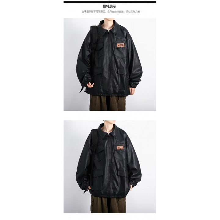 Unisex Oversized Utility Faux Leather Jacket with Multiple Flap Pockets Mune Fashion