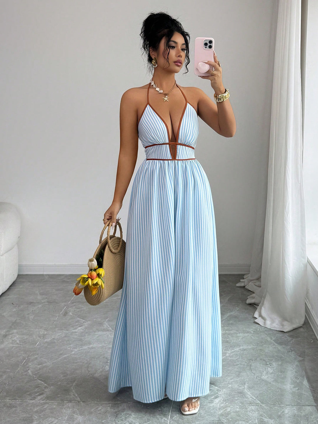 Women's Striped Halter Maxi Dress with Deep V-Neck and Waist Cut-Out Mune Fashion