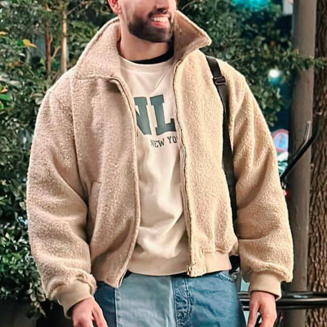 Men's Teddy Fleece Jacket with Zipper, Stand-Up Collar and Ribbed Cuffs Mune Fashion