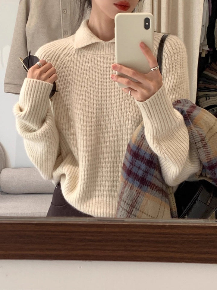 Women Oversize Polo Collar Fine Knit Sweater with Ribbed Hem and Cashmere-like Texture Mune Fashion