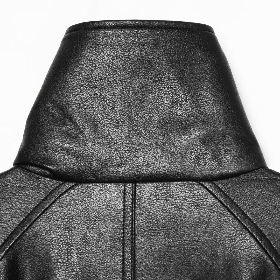 Women's Short Faux Leather Jacket with High Stand Collar, Double-Breasted and Drawstring Waist Mune Fashion