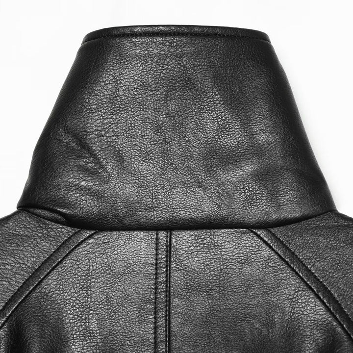 Women's Short Faux Leather Jacket with High Stand Collar, Double-Breasted and Drawstring Waist Mune Fashion