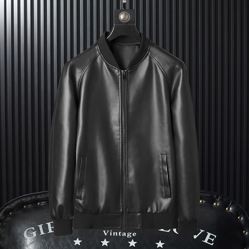 Men's Vegan Faux Leather Bomber Jacket with Ribbed Cuffs Mune Fashion