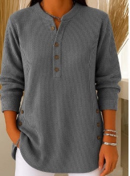 Women's plisse tunic blouse with stand-up collar, button placket and side decorative buttons Mune Fashion