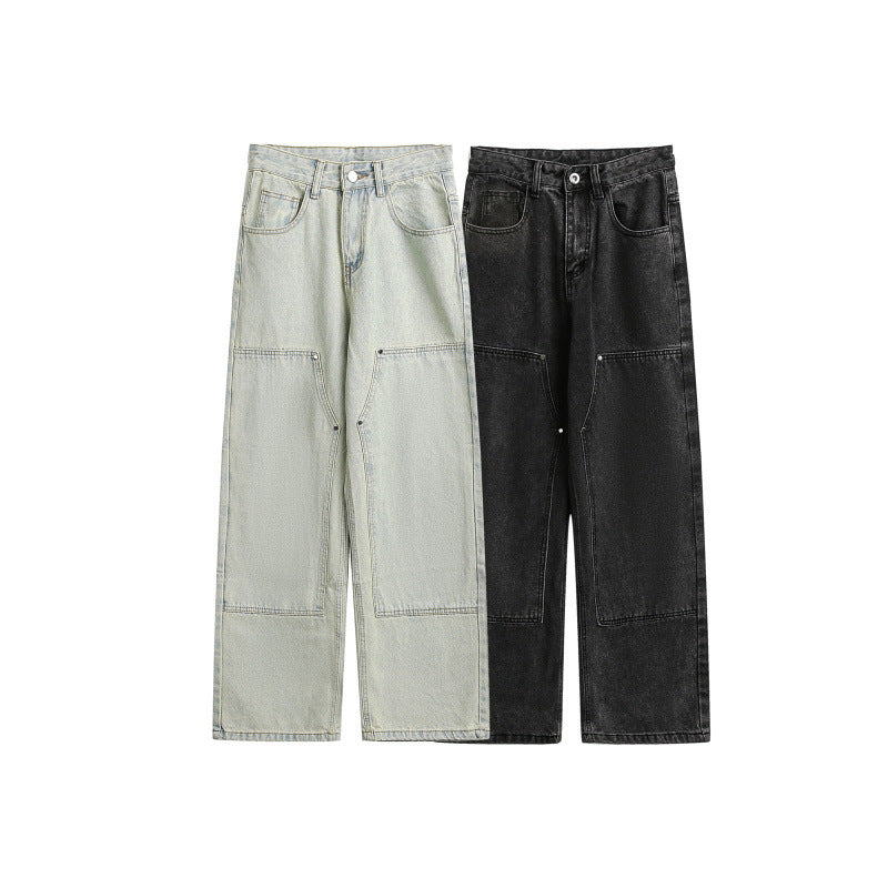 Women's Wide Utility Denim Trousers with Knee Patch, High Waist and Straight Leg Mune Fashion