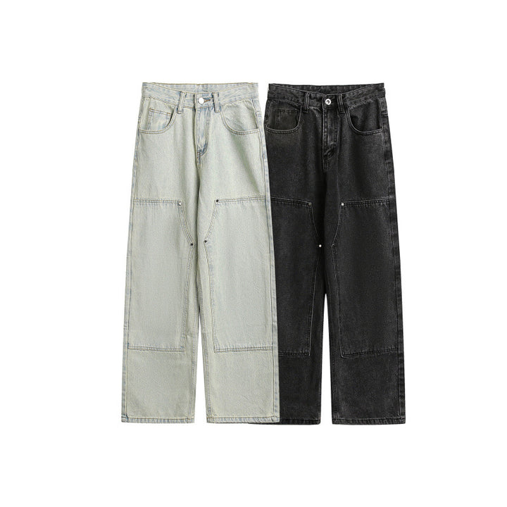 Women's Wide Utility Denim Trousers with Knee Patch, High Waist and Straight Leg Mune Fashion