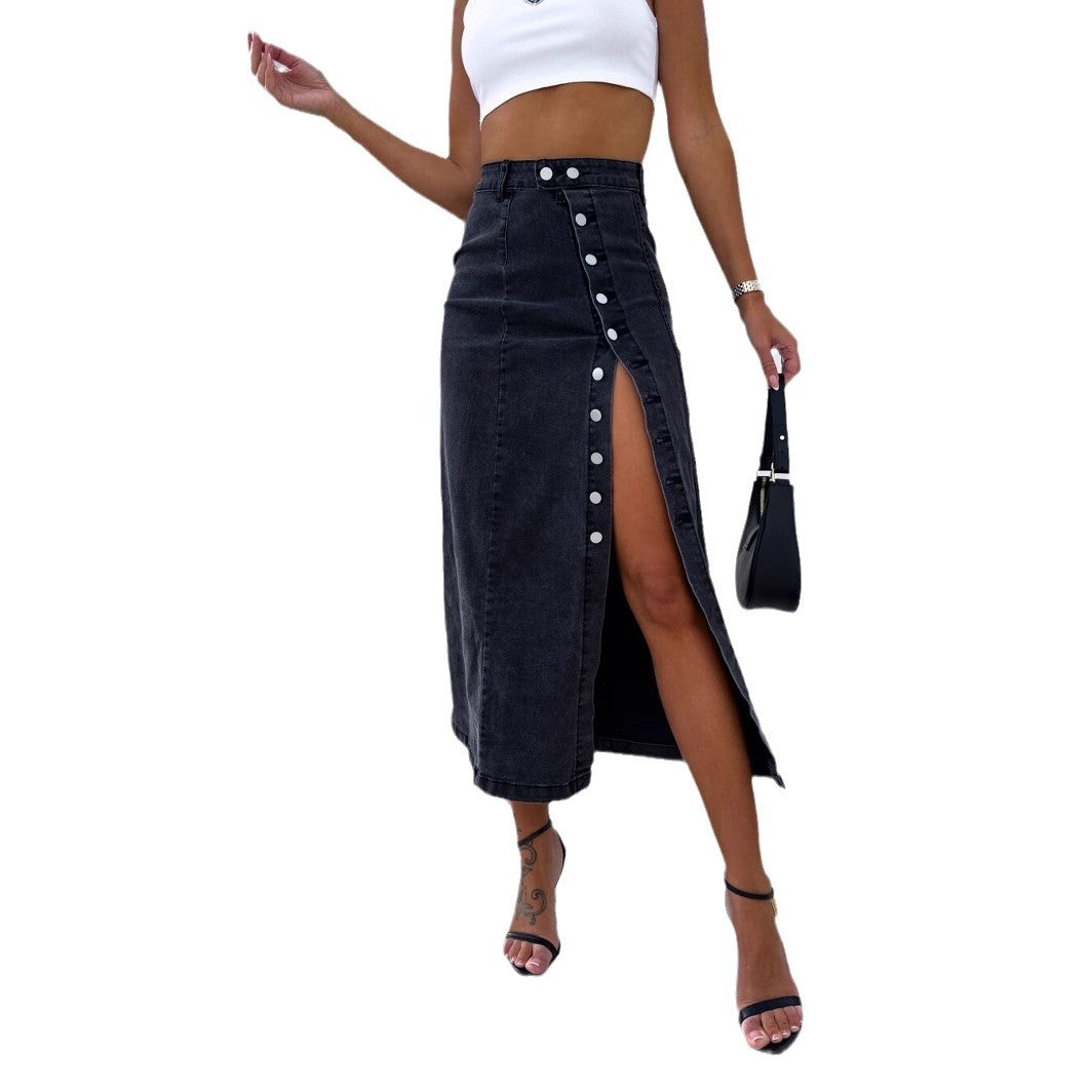 Women Long Denim Skirt with Side Slit and Fashionable Button Details Mune Fashion