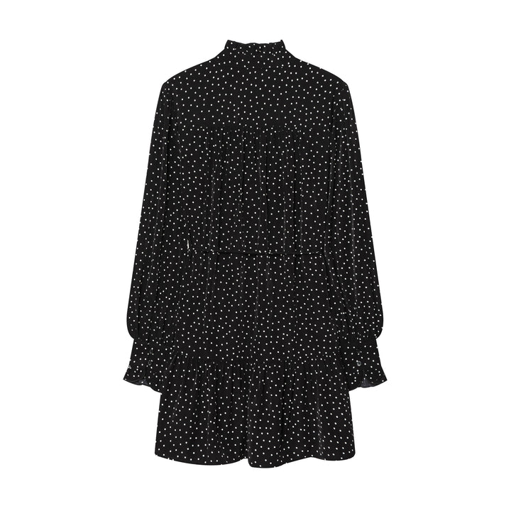 Ladies dotted midi dress with ruffle trim, waist drawstring, and tiered flounce skirt Mune Fashion