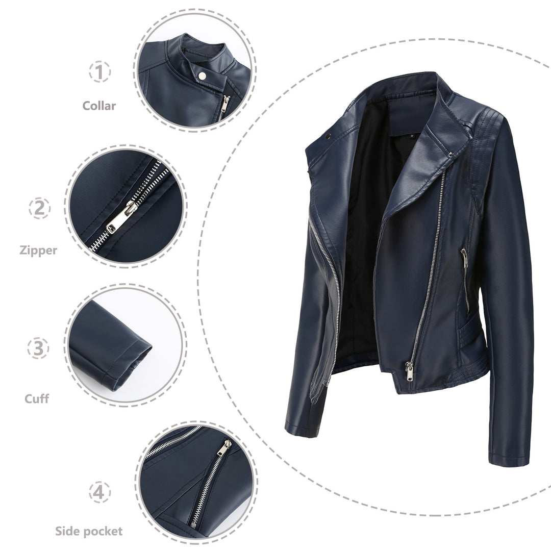 Women nan short fitted biker jacket made of faux leather with asymmetrical zipper Mune Fashion