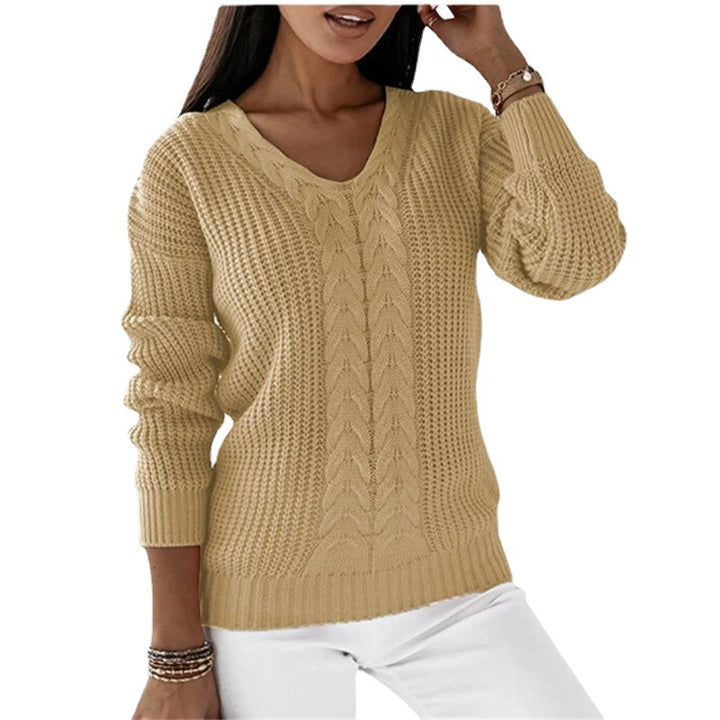 Women's chunky knit V-neck sweater with cable pattern and relaxed silhouette Mune Fashion
