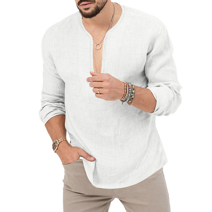 Men's relaxed linen tunic shirt with open slit collar and rounded hem Mune Fashion