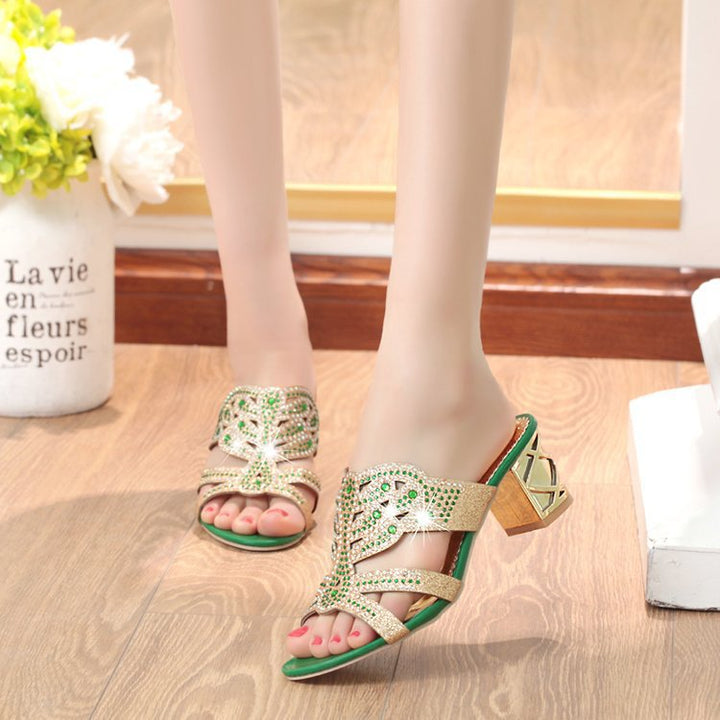 Women's embellished sandal with mid-height block heel and sparkling rhinestone trim Mune Fashion