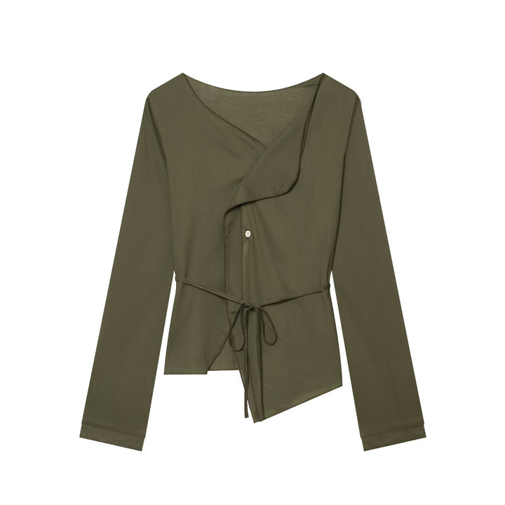 Women's wrap blouse with waist tie, asymmetrical hem and gathered edges Mune Fashion