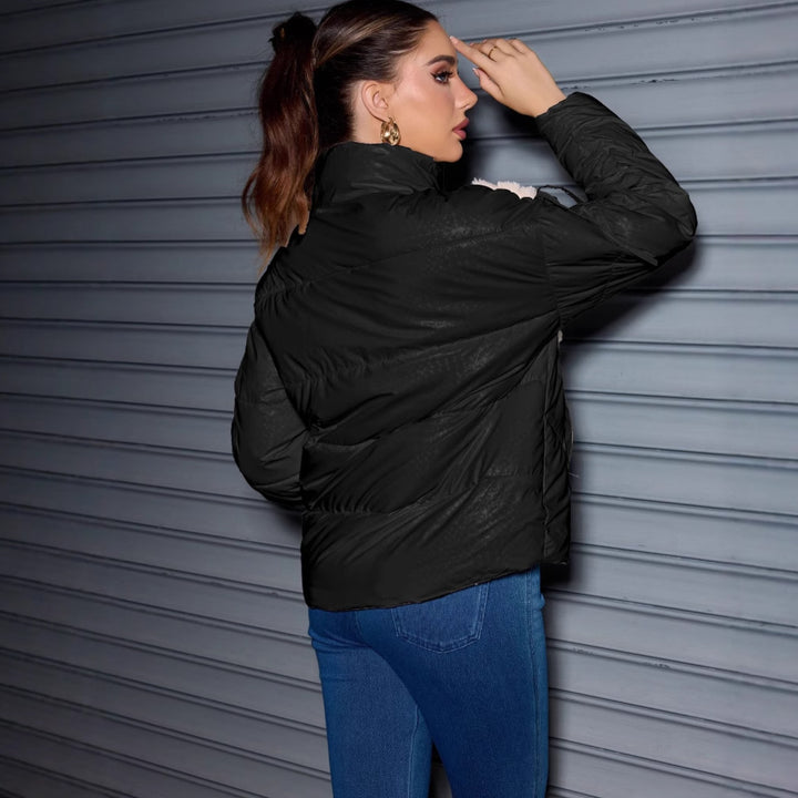 Women's Padded Quilted Jacket with Faux Fur V-Inset, Stand Collar & Zipper Mune Fashion