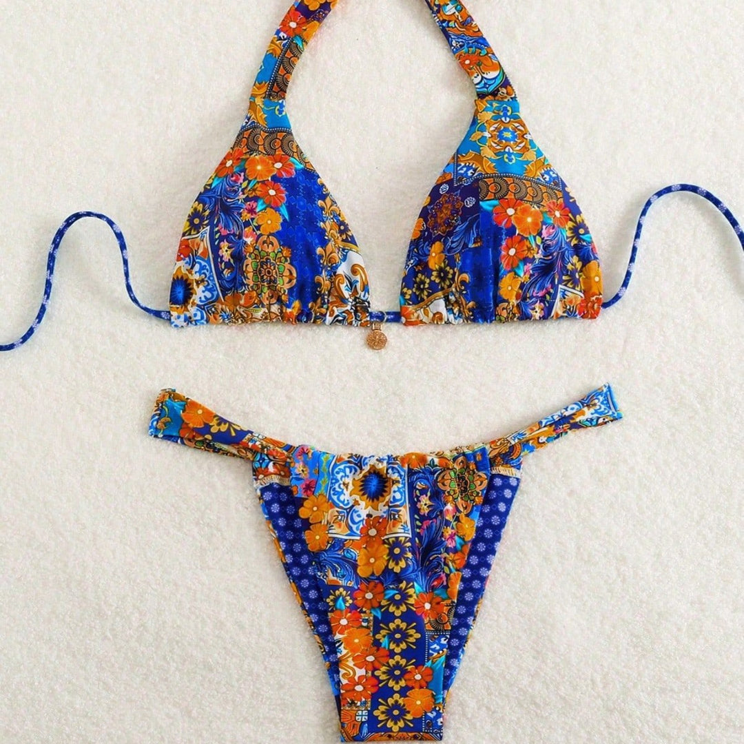 Women Triangle Bikini with Floral Patterns and Playful Ties Mune Fashion