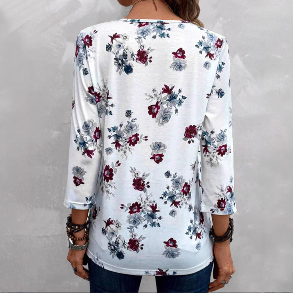 Women's floral tunic blouse with pleats and decorative button placket Mune Fashion