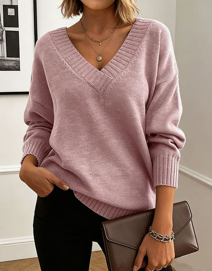 Women's fine knit sweater with deep V-neck and dropped shoulder Mune Fashion