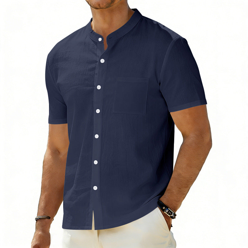 Men's short-sleeved linen shirt with stand-up collar and chest pocket Mune Fashion