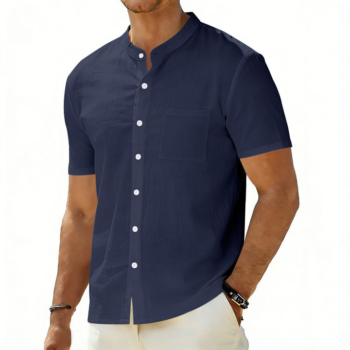 Men's short-sleeved linen shirt with stand-up collar and chest pocket Mune Fashion