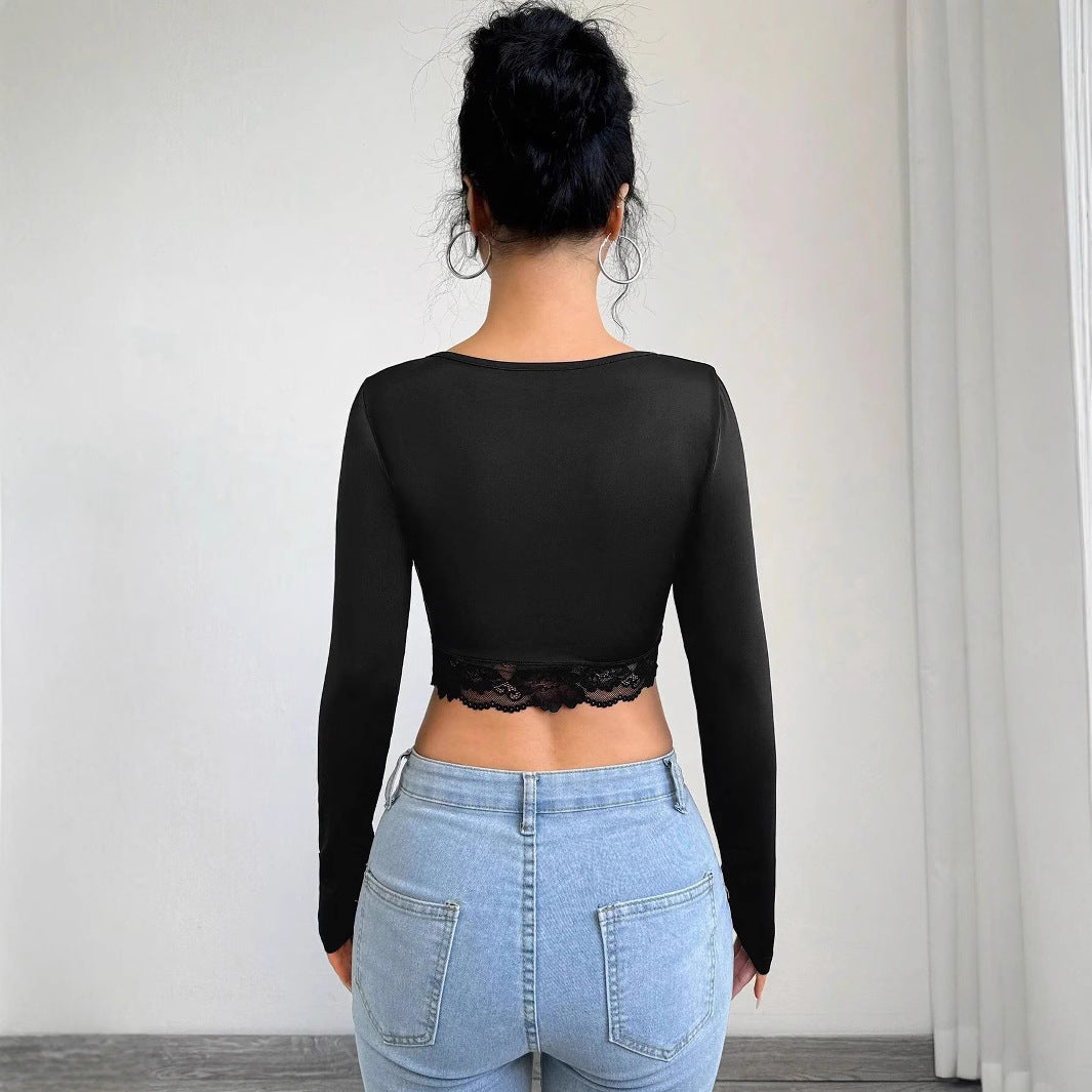 Ladies nan tailored long sleeve crop top with deep V-neck, gathering and lace hem Mune Fashion