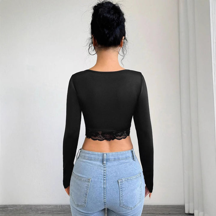 Ladies nan tailored long sleeve crop top with deep V-neck, gathering and lace hem Mune Fashion
