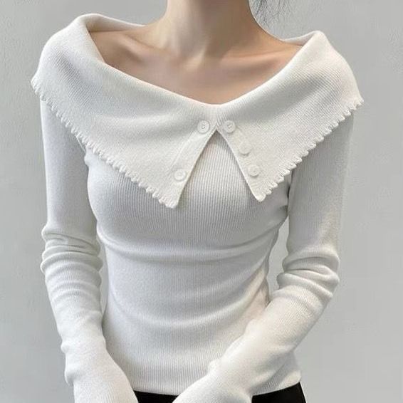 Ladies Elegant Sweater with Wide Collar and Button Details Mune Fashion