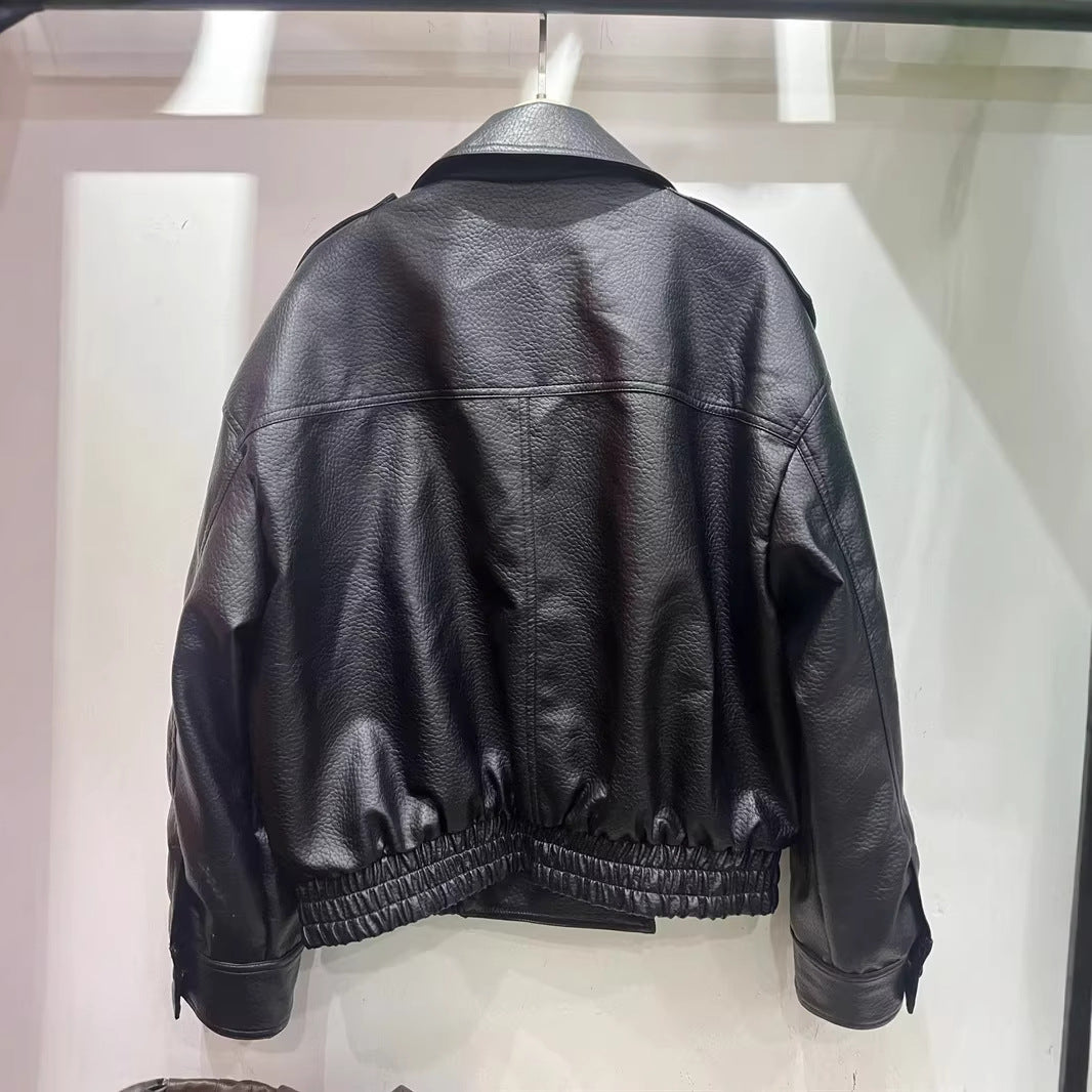 Women's cropped double-breasted faux leather blouson with wide collar and elastic hem Mune Fashion